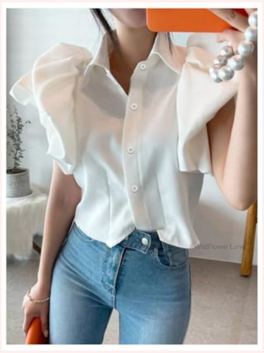 Short Puffy Sleeve Button Down Blouse Business Casual Summer Work Top - Picture 3 of 4